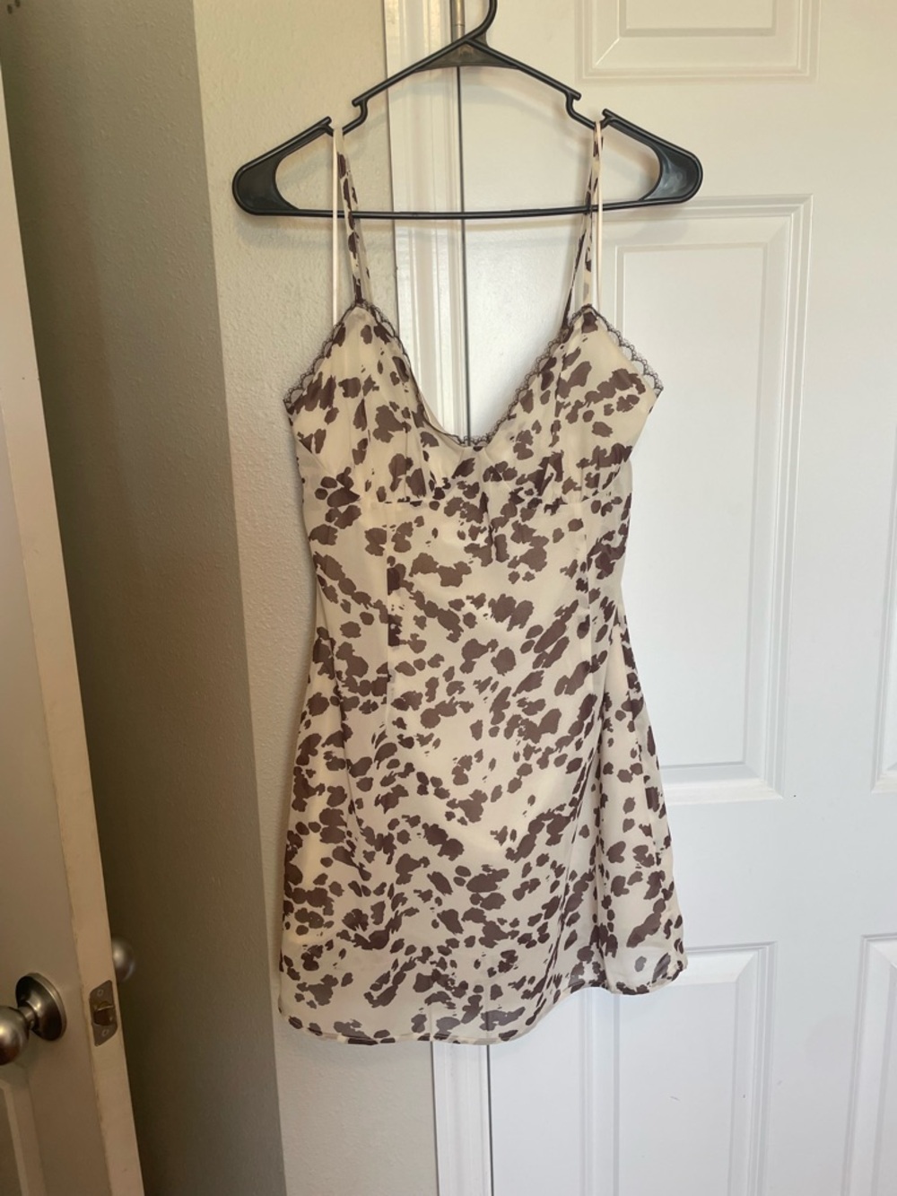 Re:Named Cow Print Slip Dress Size Large Cottagecore Satin Mini Dress